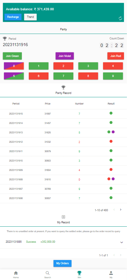 Trova Color Prediction Game Single Parity